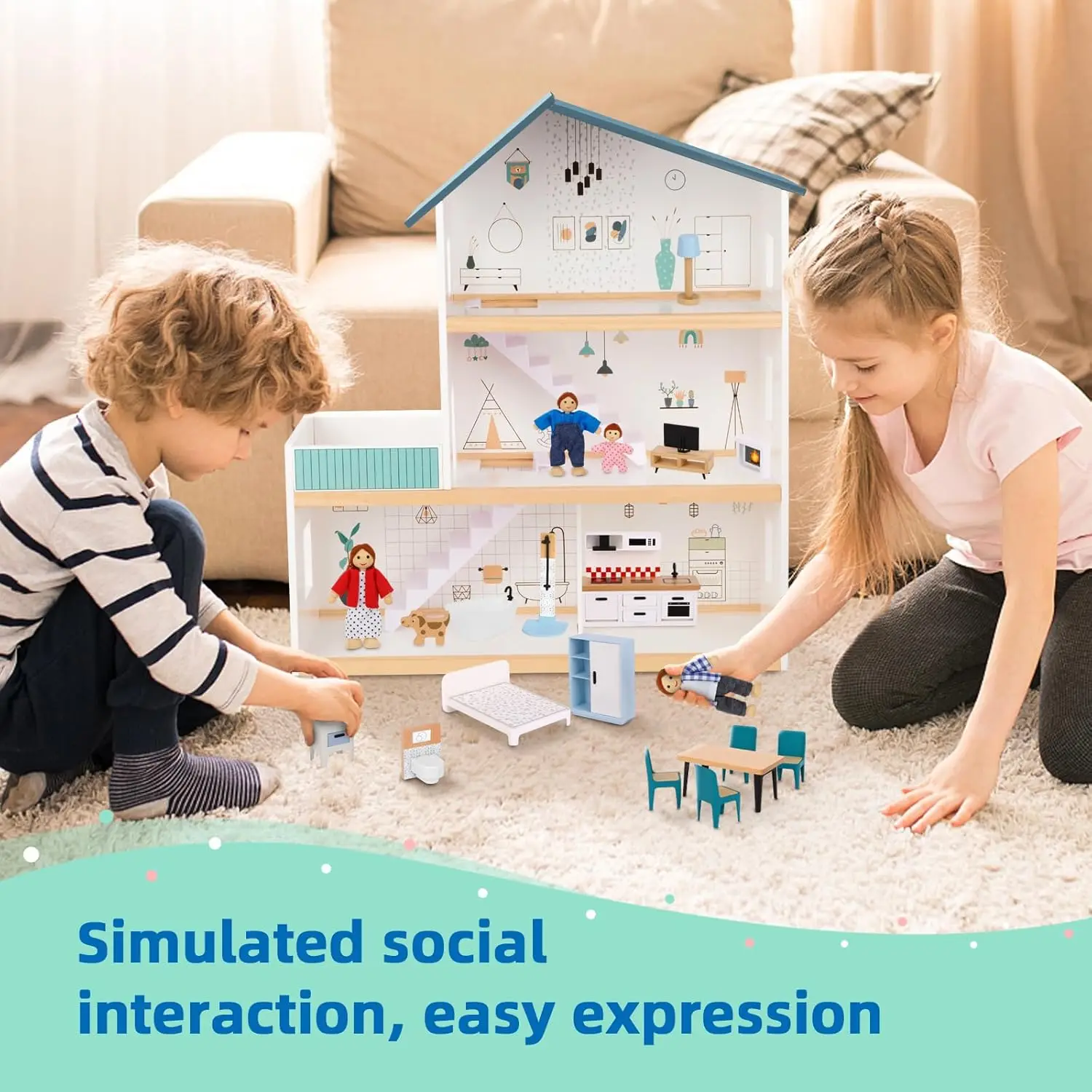 Puppenhaus aus Holz für Kinder, Puppenhaus mit simuliertem Luxusmöbelset, Puppenhaus-Spielset für Mädchen und Kleinkinder (einschließlich 4 Fam).