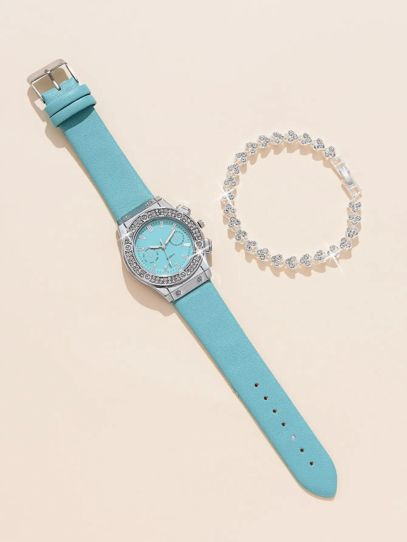 Women's Belt Quartz Watch & Bracelet 2pcs Set, Fashion Casual Elegant Glamorous Rhinestone Minimalist Dial Watch, Suitable For Daily Wear, Party Decoration, Valentine's Day, Mother's Day And Various Holiday Gifts