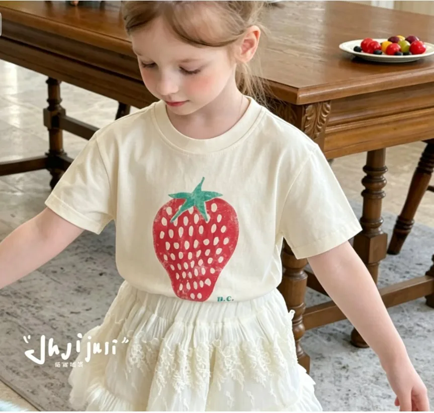 2026 Summer Children Strawberry Printed T-shirts Short Sleeve Loose Tops Toddlers Kids Casual Tees