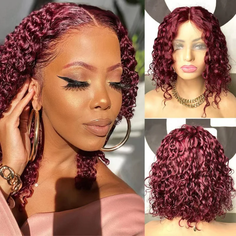 

Front Lace Wig European and American Style Wig for Women African Small Curly Wine Red Middle Part Short Curly Hair High Temperat