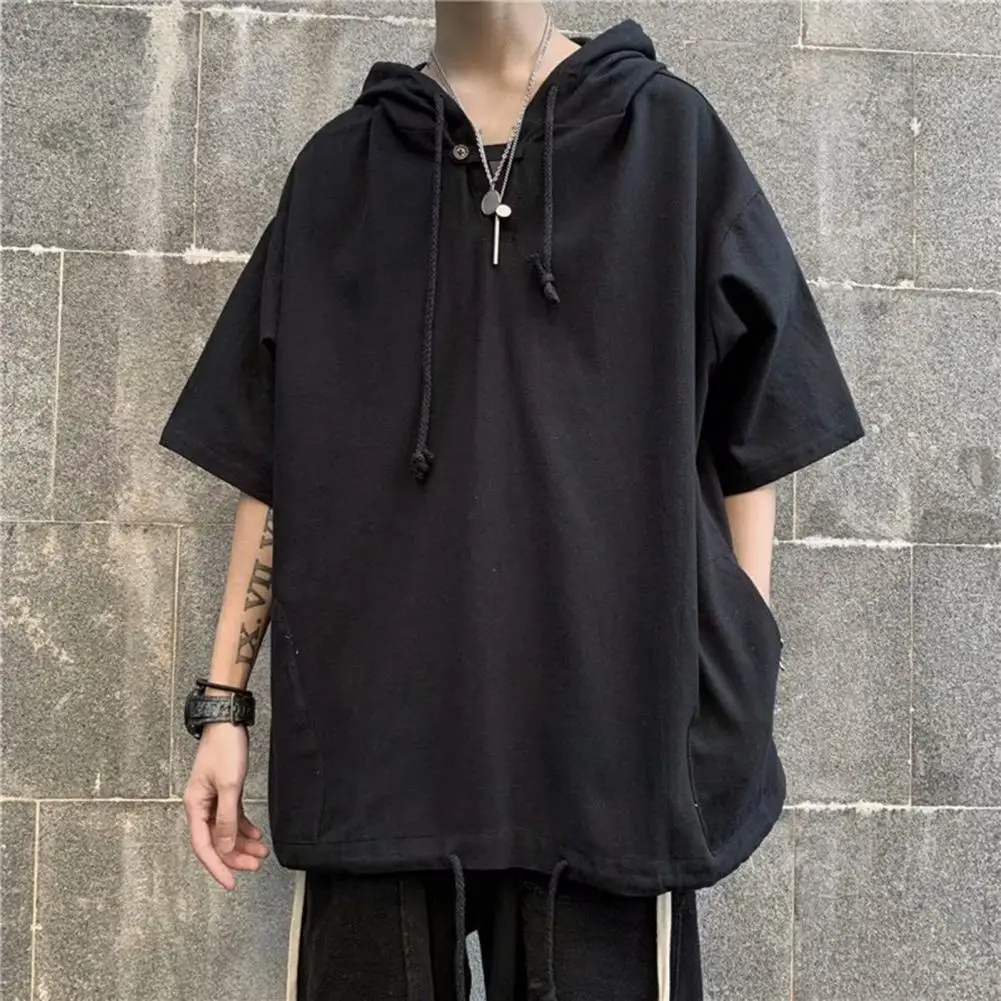 

Men Hooded Top Dark Style Hop Hoodie With Side Pocket Loose Fit Mid Length Short Sleeves Streetwear Top For Men Drawstring