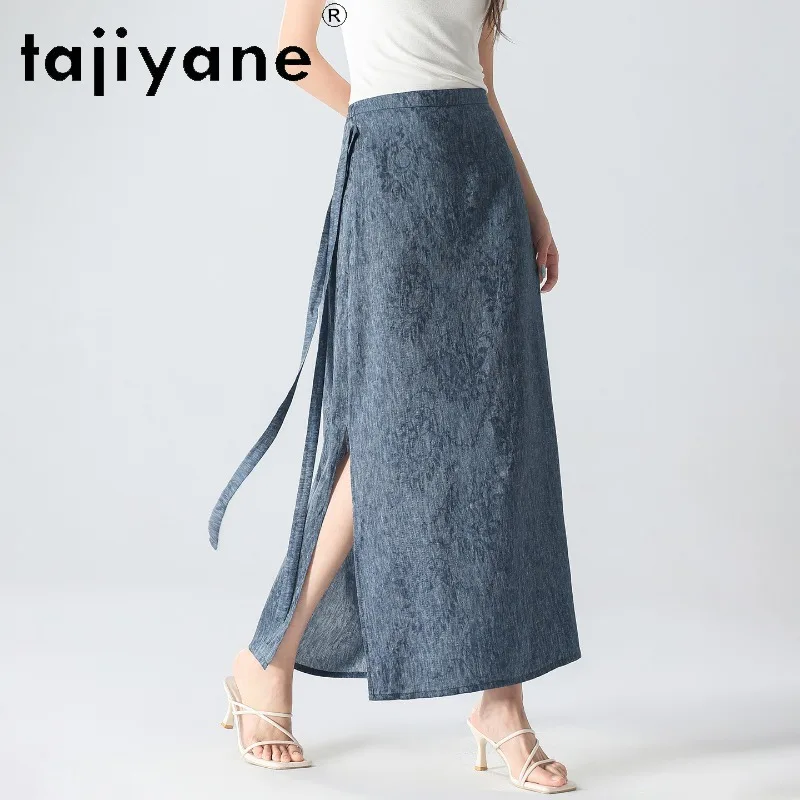 TAJIYANE High-end Skirt Silk Linen Blend Women's Skirts New Summer Straight Skirts 2026 Woman Clothes Denim Printed Юбка Женская