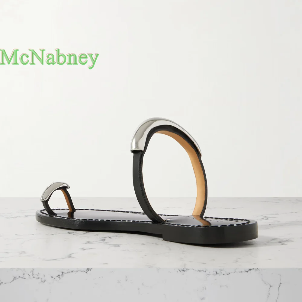 

Silver Metal Detail Women Slipper Round Open Toe Flats Clip Toe Pull-on Sexy Solid Sandal Summer Slip-on Luxury 2025 New Arrival