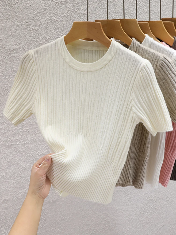 2024 Summer T shirts for Women Casual Female Korean Knit Streetwear Tees Basic Solid Young Cool Tops