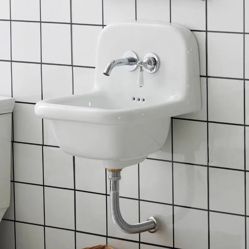 Home Ceramic Thickened Washbasin Household Wall-mounted Retro Smooth Double Hole Bathroom Sinks Modern Bathroom Fixture