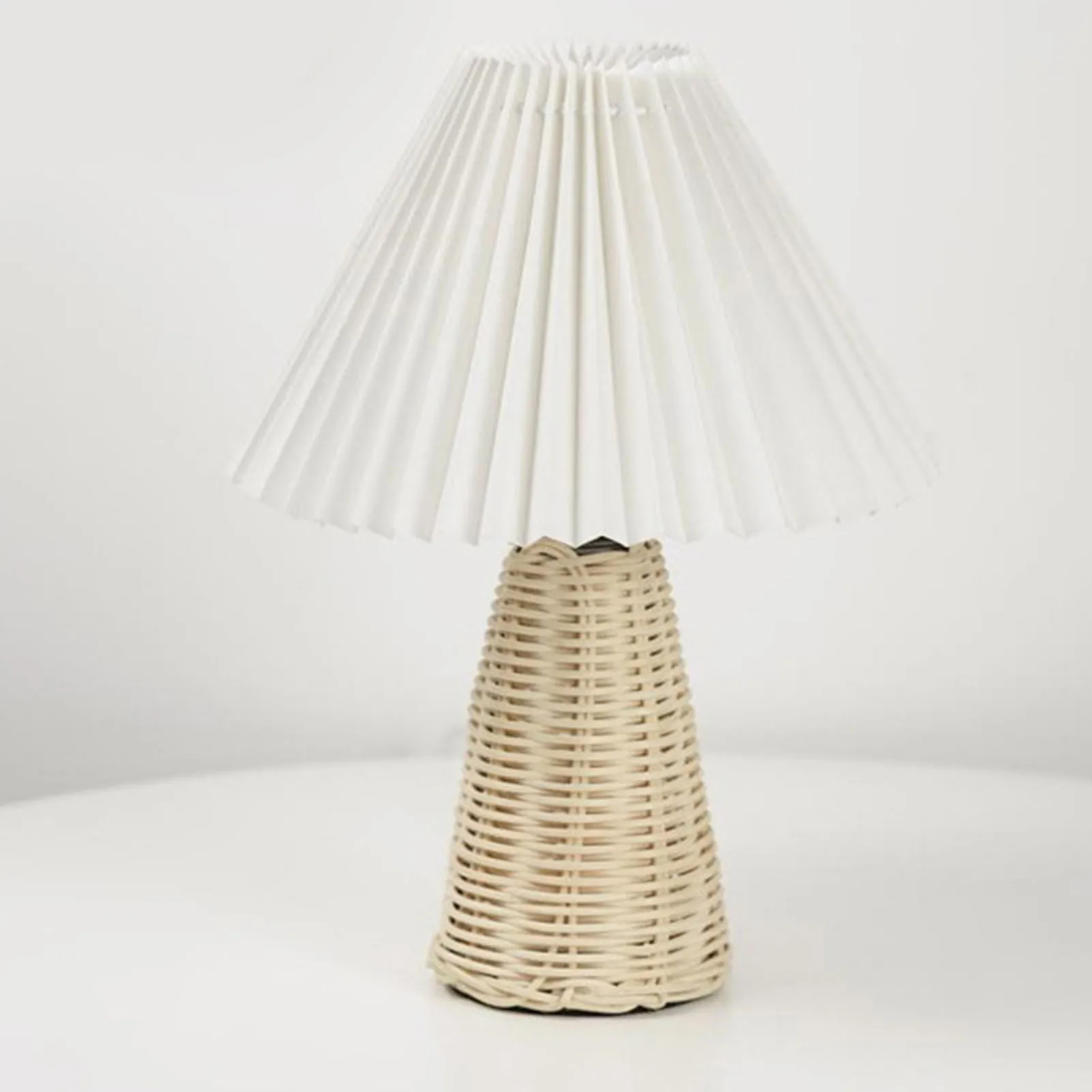 Pleated Table Lamp Bedside Night Lamp with Rattan Base Vintage Style Soft Warm Light for Bedroom Decoration