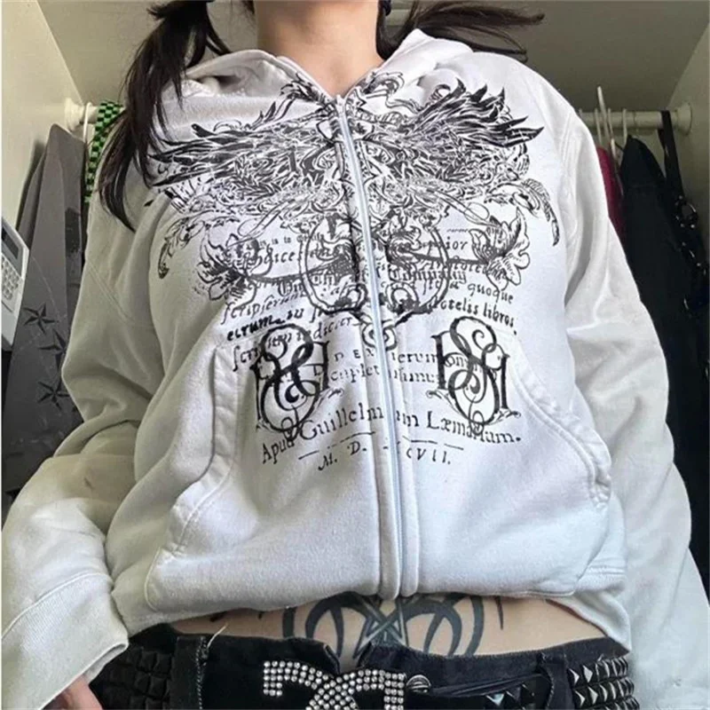 hirigin Gothic Sweatshirt Women y2k Clothes Graphic Print Zip Up Long Sleeve Tops with Pockets Fairy Grunge Hoodie Streetwear