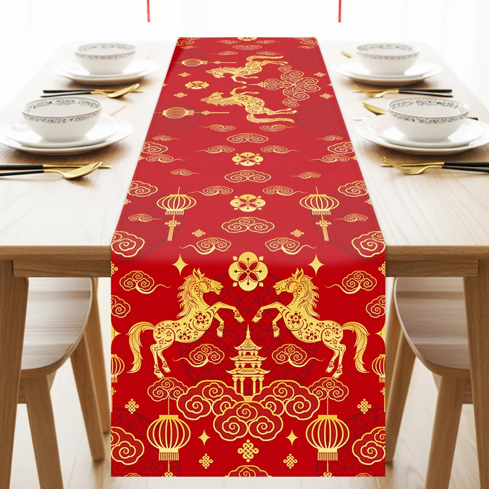 1pc Chinese 2026 New Year Table Runner- Lunar New Year Zodiac Horse Placemat, Washable, Home Party Kitchen Celebration Decor