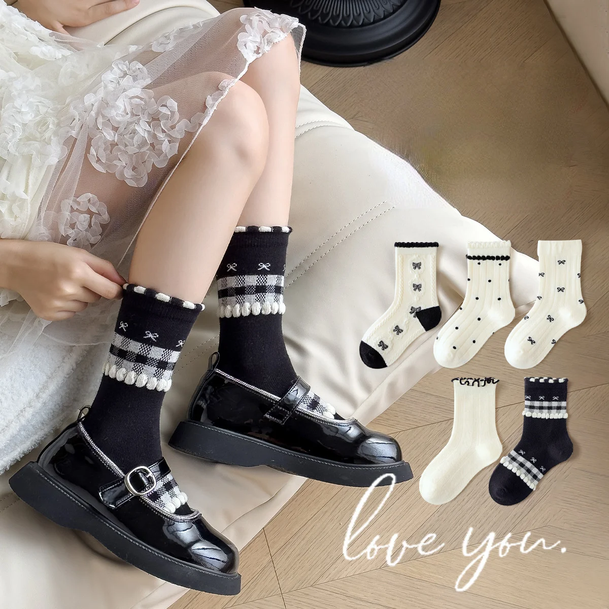 5 Pairs Girls Bow Dot Socks Ruffle Trim Mid‑Calf Socks Sweet Cute Plaid Soft Cotton Breathable Kids Socks