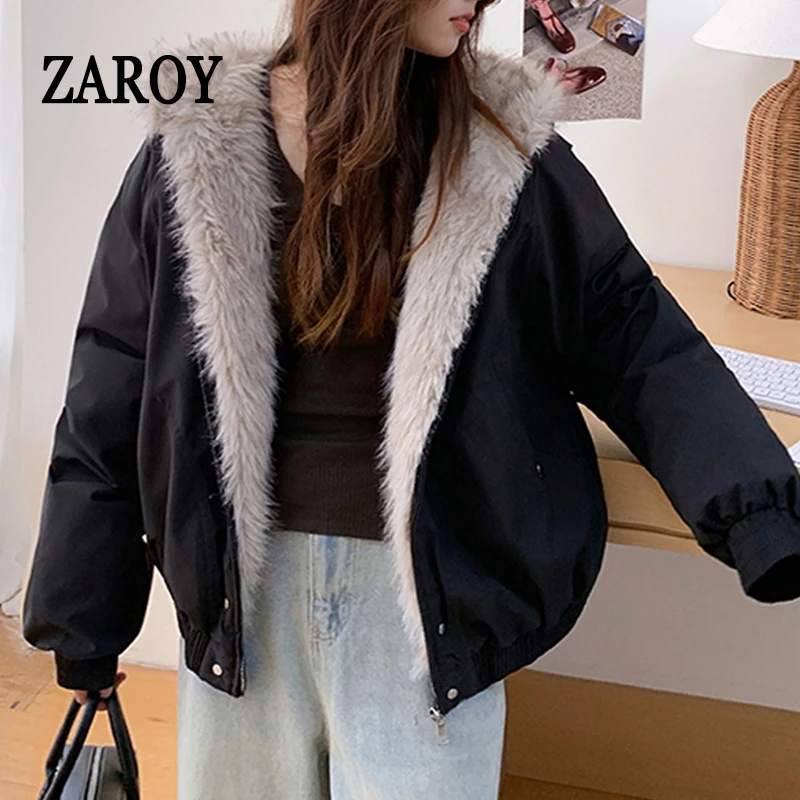 

ZAROY Harajuku Свободная повседневная куртка с капюшоном на молнии Американский ретро воротник из искусственного меха Пальто с капюшоном Женская уличная одежда Y2K Теплая