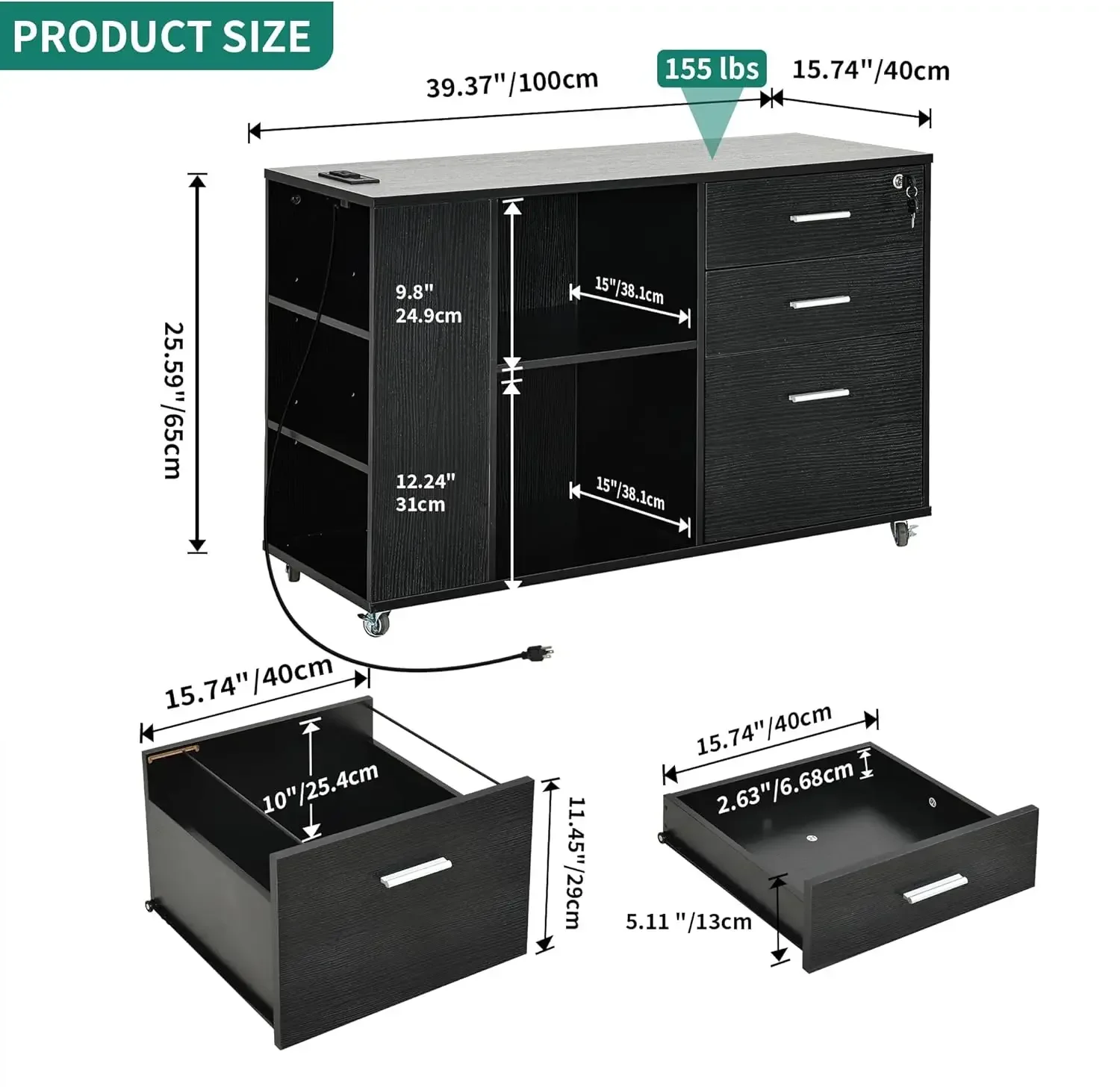 

Hot sale!Mobile Filing Cabinet With Charging Station Lock Printer Stand Open Storage Shelf Fits A4 Letter Legal Files