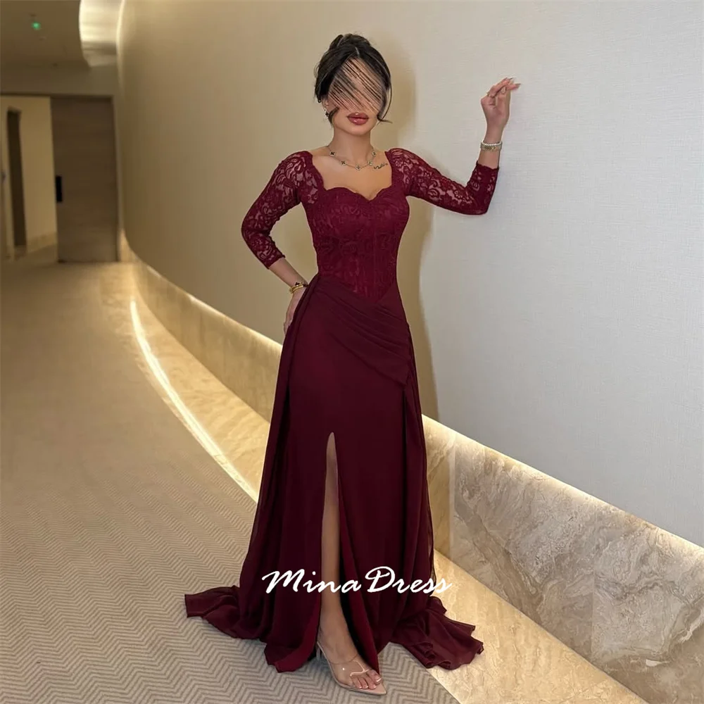 미나 맞춤 레이스 사이드 슬릿 버건디 고급스러운 스퀘어 넥 스커트 이브닝 드레스 럭셔리 우아한 파티 드레스 여성 프롬 2025