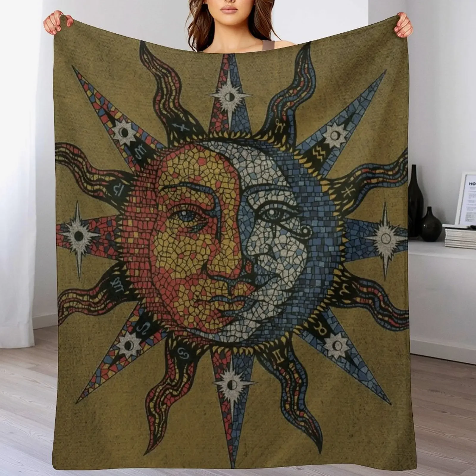 

Vintage Celestial mosaic Sun & Moon Throw Blanket Cute Plaid Hair Winter beds Blankets