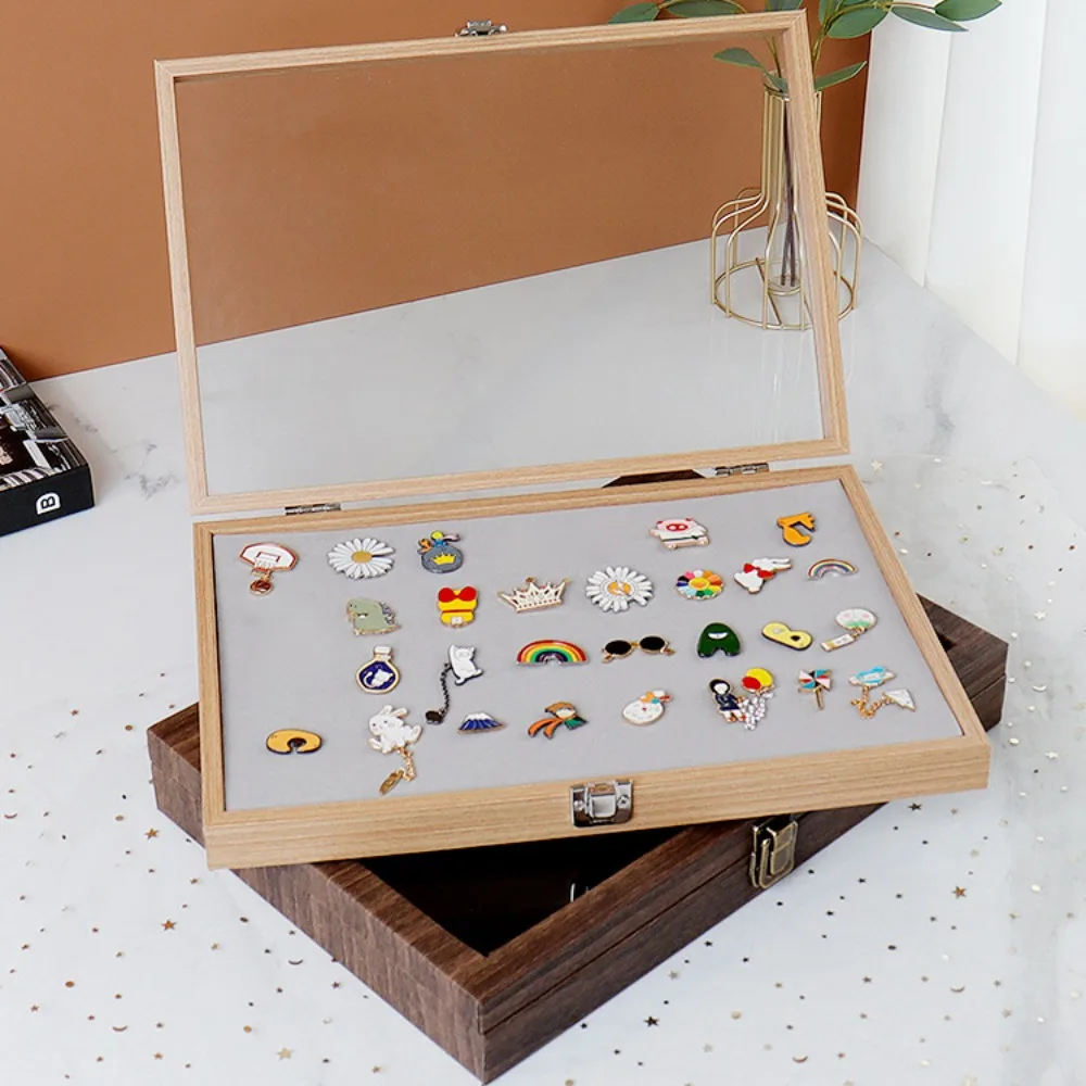 

Pu Badge Storage Box New Transparent Glass Cover Wood Jewelry Case Empty High-Capacity Chest Pin Display Box