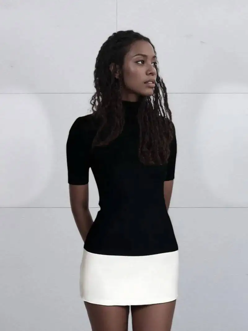 Summer  Turtleneck Half Sleeve Mini Dresses French Style Fashion Elegant Black And White Patchwork Bodycon Dress