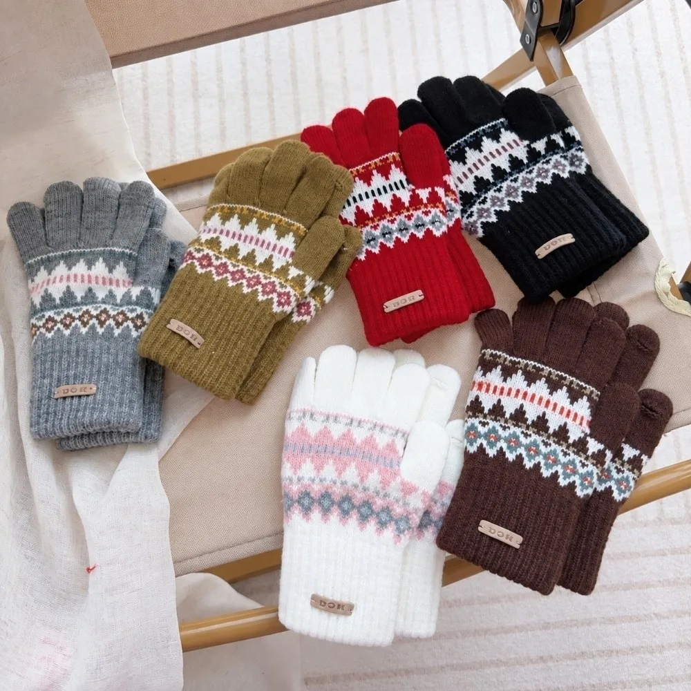 Retro Style Jacquard Knitted Gloves Touchscreen Warm Five Finger Mittens Touchscreen Gloves Outdoor Cycling