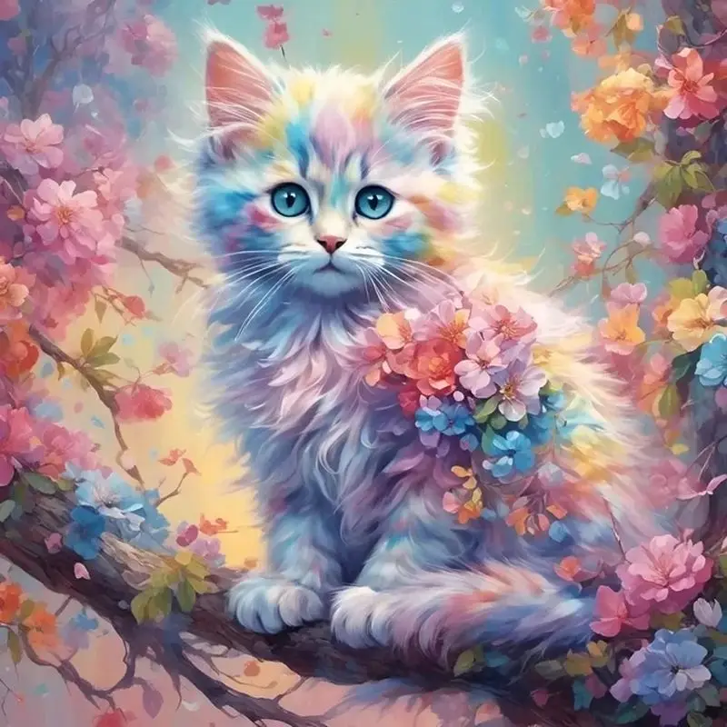 SDOYUNO Diamond Painting Cartoon Animal Cat Full Square/Round Mosaic Rainbow Flower 5D DIY Paintings For Interior