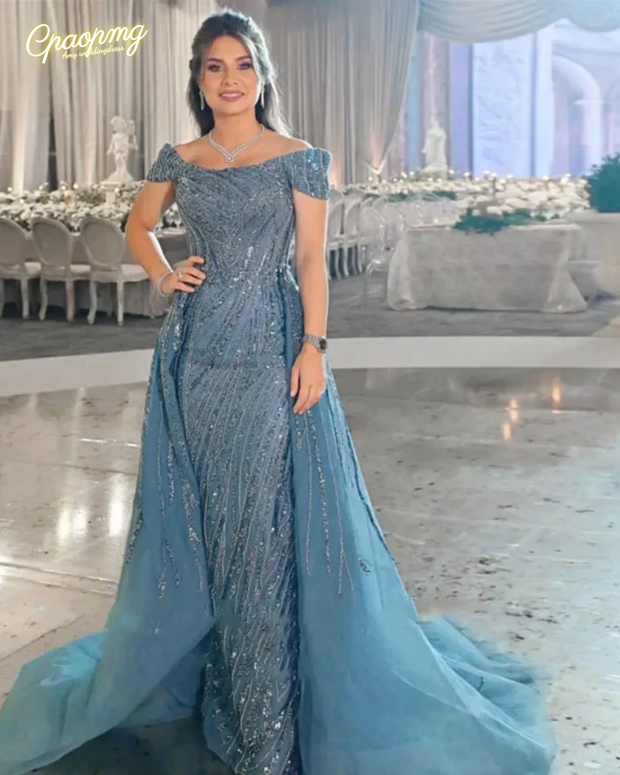 

Роскошные длинные вечерние платья с синими пайетками по индивидуальному заказу для арабских свадебных платьев для выпускного вечера со съемным шлейфом с открытыми плечами