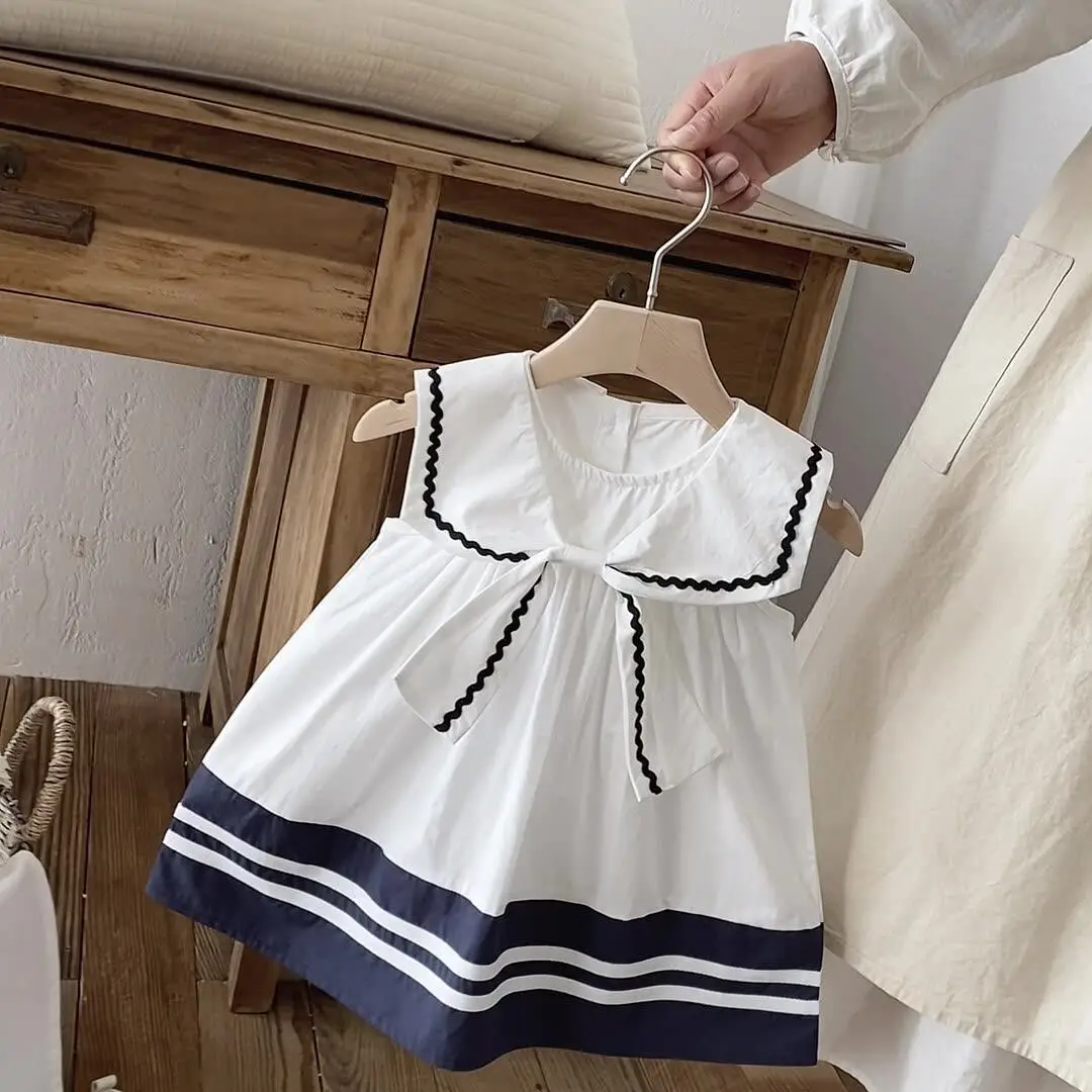 Girls Sleeveless Dress Wave Edge Sailor Collar With Big Bow Preppy Style Summer Outfit for Baby Girls