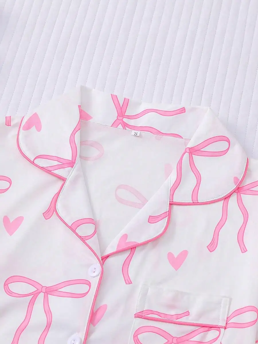 

Women Bow Print Short Sleeve Button Collar Pajama Set Comfortable Loose Sleepwear Home Wear All Seasons