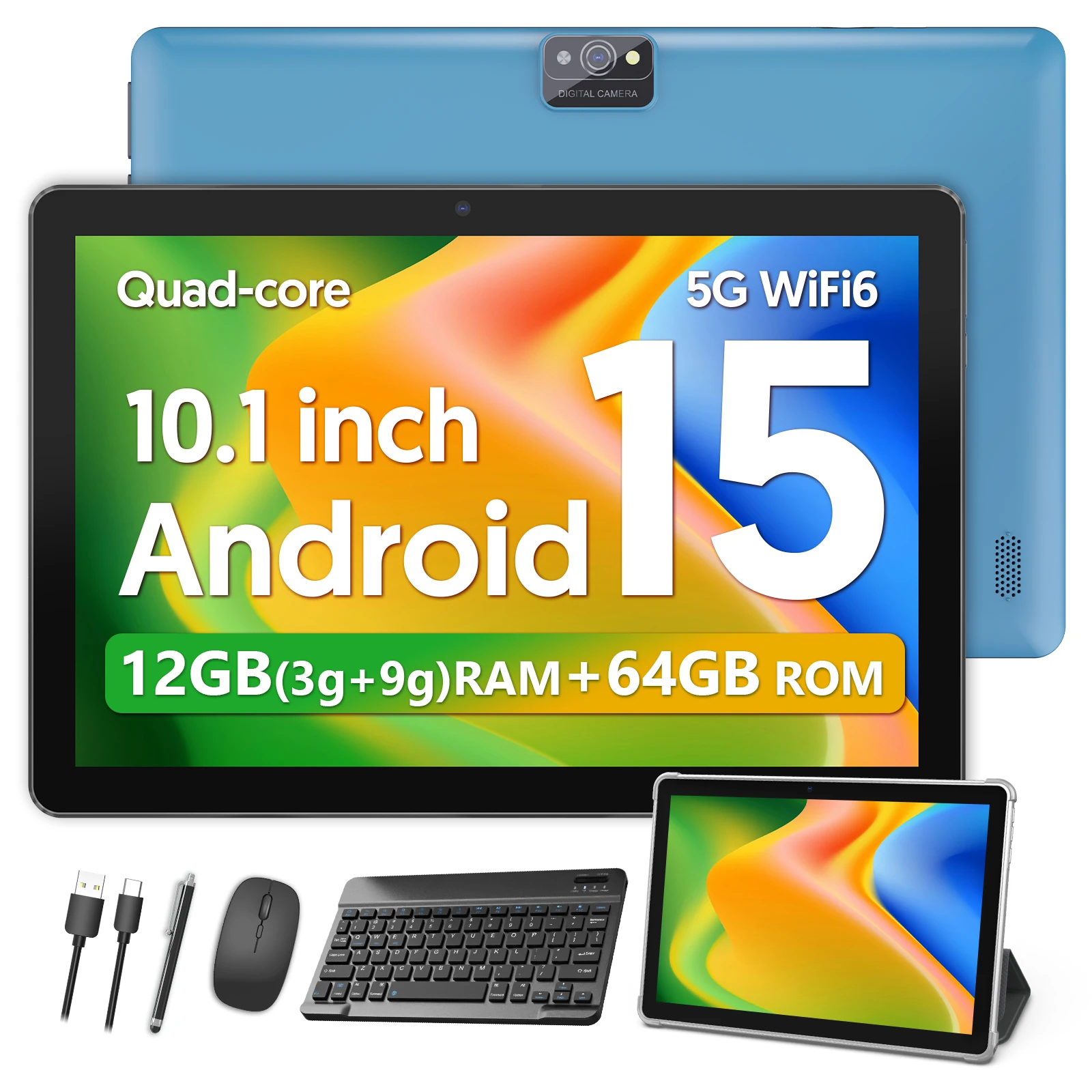 BAKEN 10-inch Tablet, Android 15, Quad-core Processor, 64GB RAM, 1TB Expandable Memory, Dual Speakers, Keyboard and Mouse Set