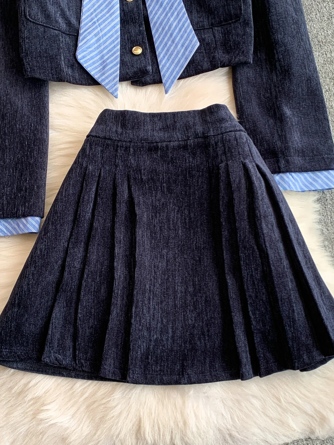 Ele عقدة معطف عالية الخصر ألف خط تنورة مجموعة مخطط الربط التخسيس المرأة Faion فرقة الخريف ارتداء