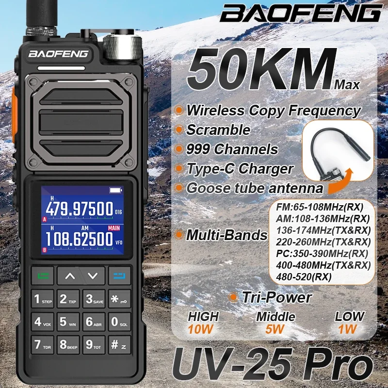 BAOFENG UV-25L Ham Radio Six Band High Powerful Tactical Walkie Talkie 50KM Four-Band Type-C 999Channel Two Way Radio