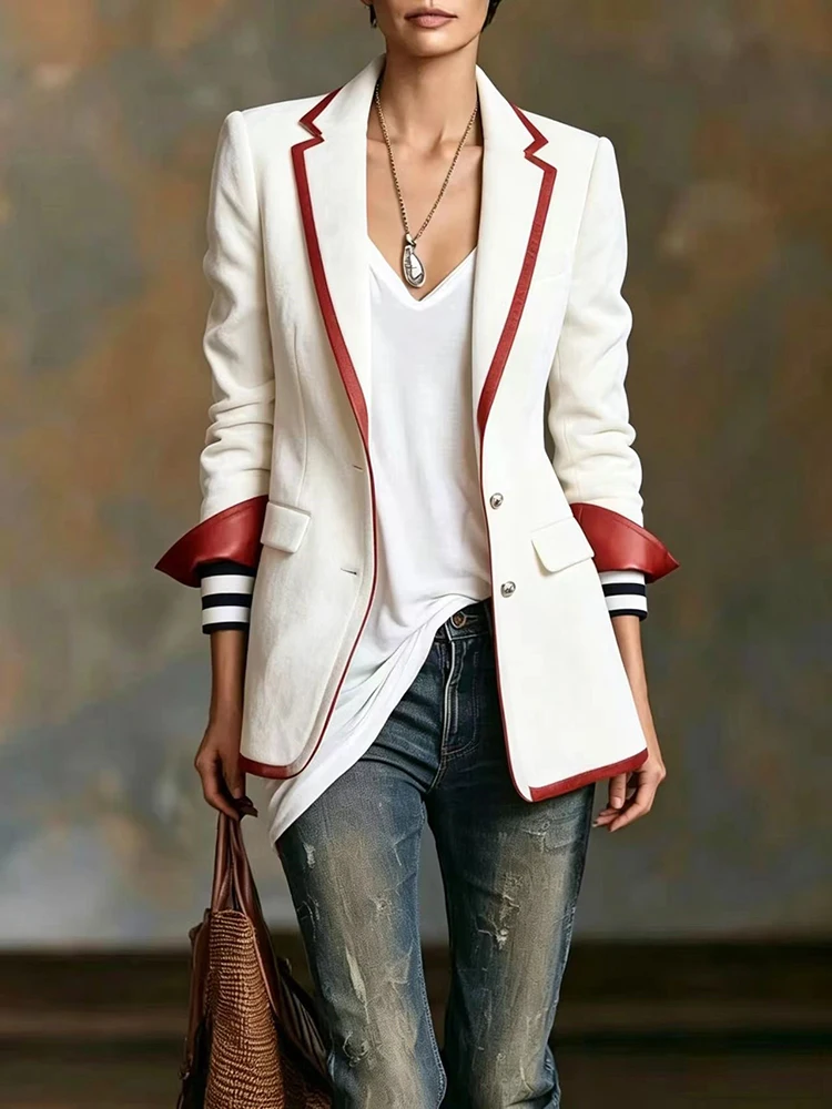 2026 Autumn Elegant Lapel Single breasted Blazer Women Casual Long Sleeve Commute Coat Winter Fashion Color Clashing Outercoats