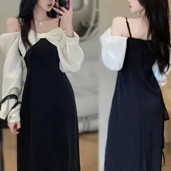 Stylish Bow Slash Neck Slip Dresses Women's Clothing Elegant Off Shoulder Spring Autumn New French Style A-Line Waist Midi Dress