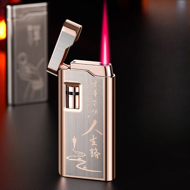 2023 Metal Windproof Direct Punch Red Flame Turbo Torch Butane Gas Lighter Pulley Ball Ignition Lighter Unusual Gift for Men