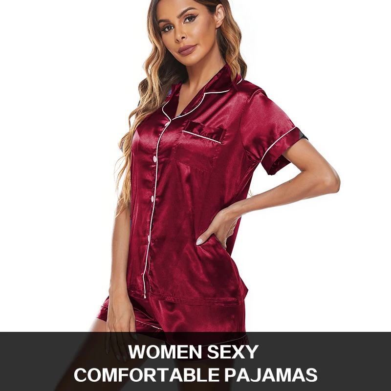 Two Pieces Women Pajamas Set Luxury Satin Silk V-Neck Leisure Soft Home Clothes Lingerie Sleepwear Female