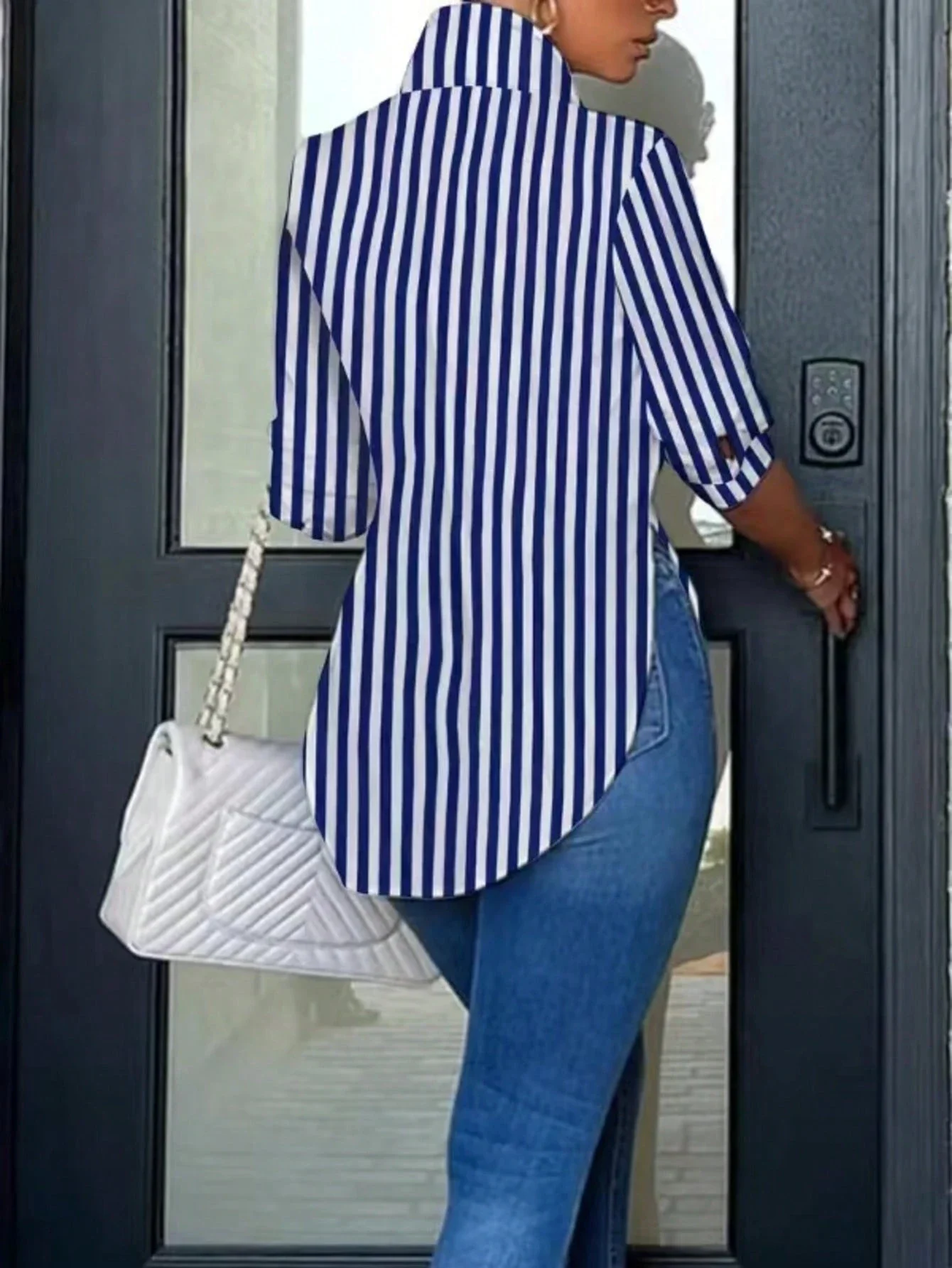 

Женская блузка с полосатым узором, пуговицами спереди, асимметричным подолом и рукавами три четверти, повседневная, весенняя