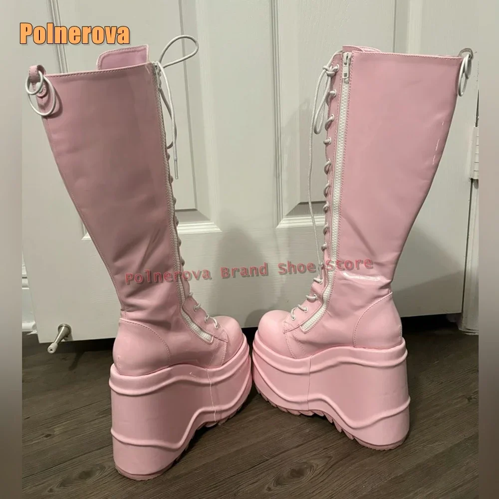 Women Knee High Boots 2025 Summer Cosplay Pink Cross Tied Platform Sweet Boots Round Toe Wedges Height Increase Zipper Closure