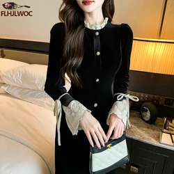 2024 New Year Date Feminine Vestidos Stand Collar Retro Vintage European French Style Little Black Patchwork White Shirt Dress