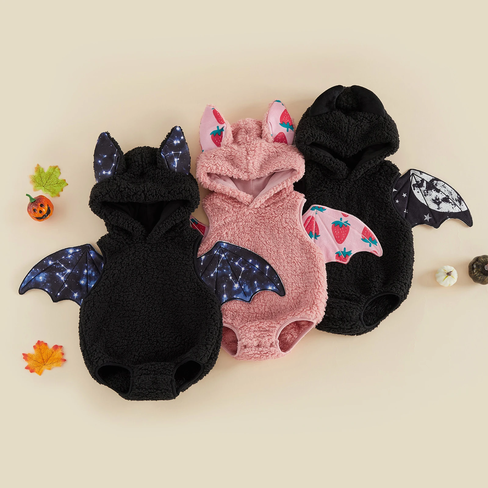 0-18M Infant Baby Boy Girl Bat Halloween Costume Wing Design Warm Plush Sleeveless Hooded Romper