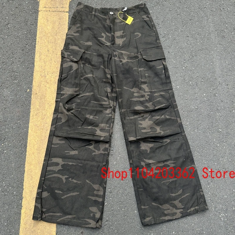 Retro Camo Kanye West Straight Pants High Street Hip Hop Style Pleated Casual Long-pants Multi-pocket Trousers Men's Streetwear