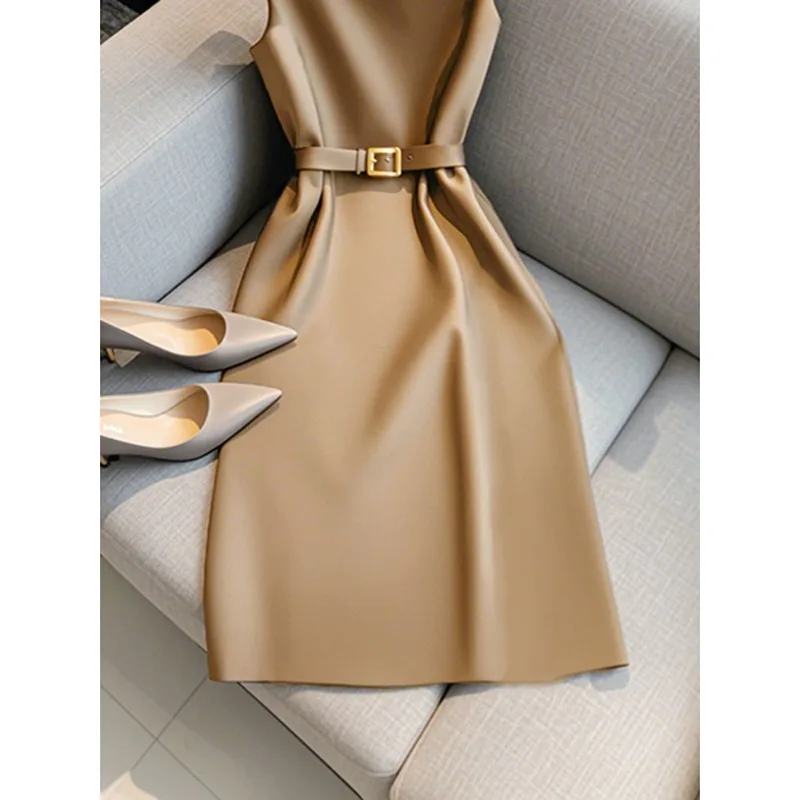 French Royal Sister, Light and Mature Style, High-end Sense, Beautiful Temperament, Thin Khaki Sleeveless Dress, Female Summer