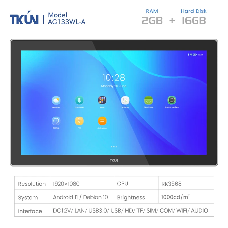 RK3568/2G/16G 1000 Nits pantalla táctil capacitiva de 13,3 pulgadas tableta Android ordenador Industrial todo en uno resolución 1920x1080 2G