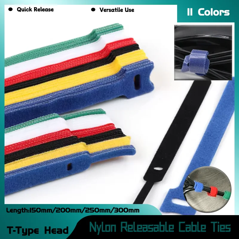 

Tie Releasable Cable Ties 150-300mm 10/50/100Pcs Plastics Reusable Cable tie Nylon Hook Loop Wrap Zip Bundle Ties T-type Cable