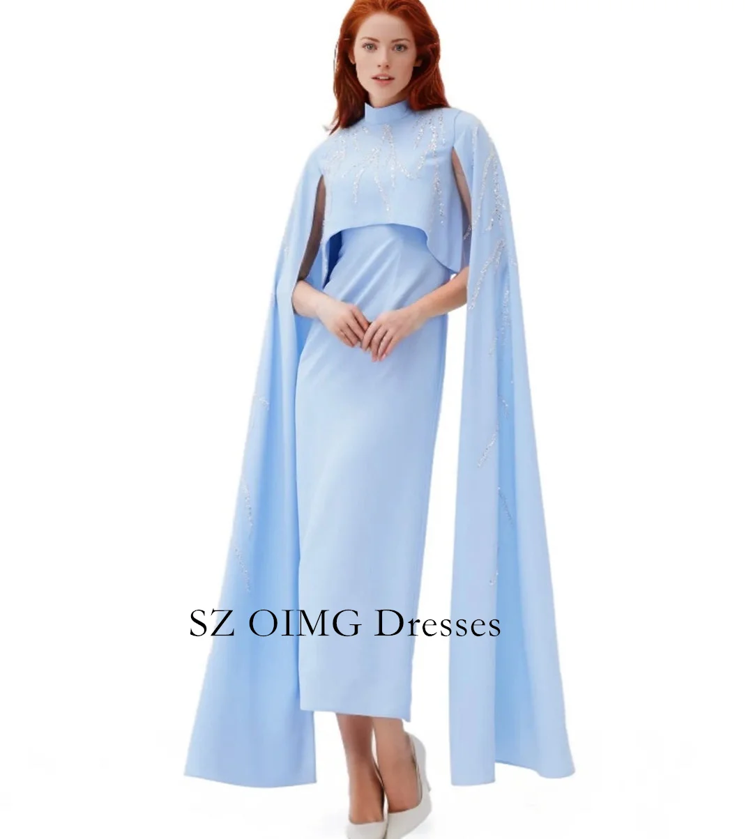 

OIMG Elegant Full Cape Sleeves Sky Blue Sequined Crepe Satin Evening Dress Ankle Length Wedding Party Gowns For Women 2024