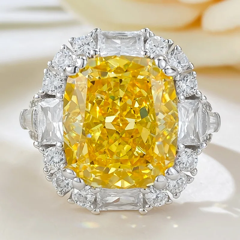 S925 Silver Ring Diamond 12 * 14 Wedding Ring High Carbon Diamond Ice Flower Cut Yellow Diamond Ring