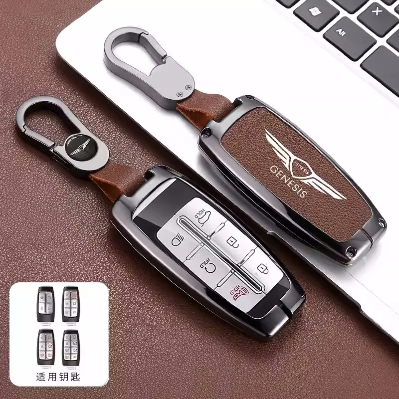 Leather Car Key Case Cover Protector Shell Bag For Hyundai Genesis G80 GV70 GV80 GV90 2019 2020 2021 2022 Keychain Accessories