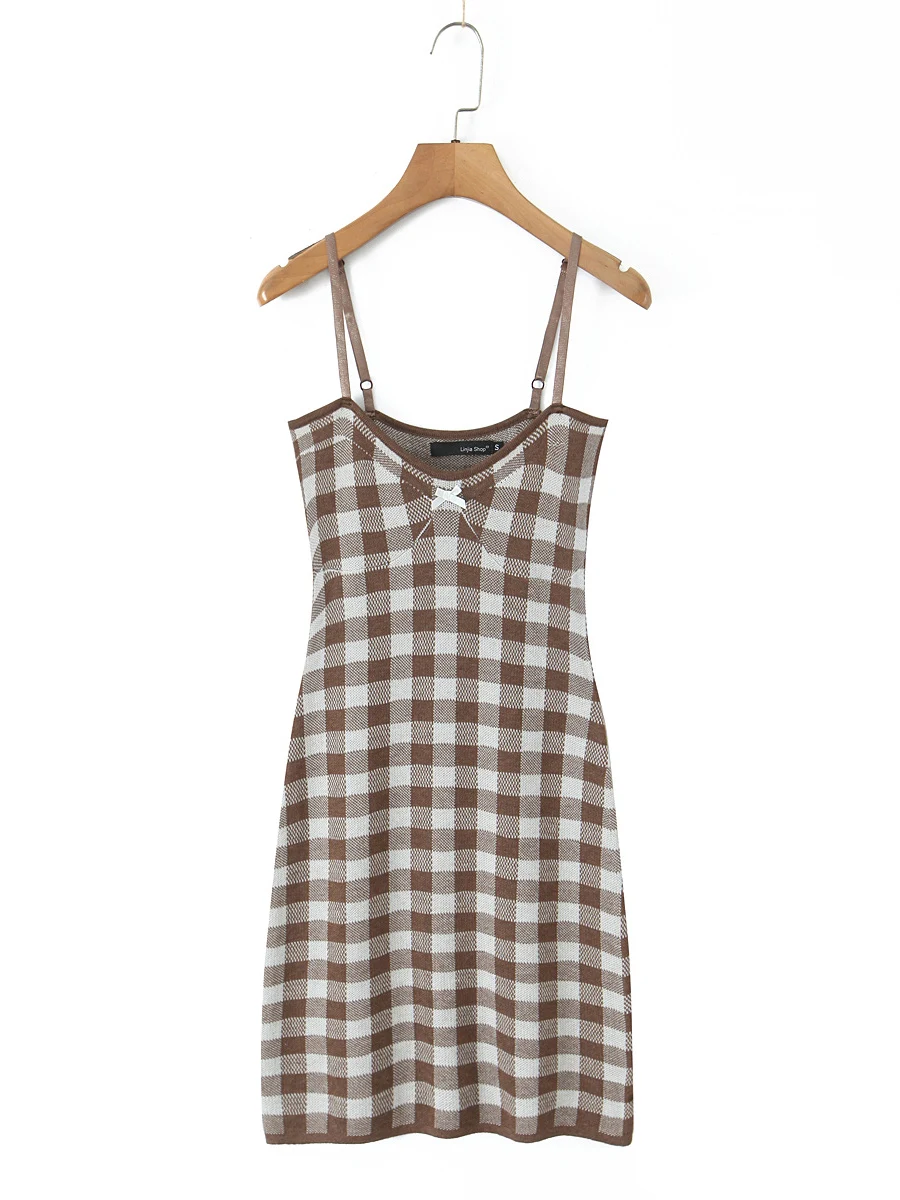 

Облегающее клетчатое вязаное платье на бретельках с украшениями в виде банта, облегающая юбка для женщин, летнее повседневное платье для сексуальных девушек