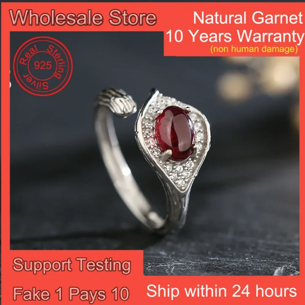 

Natural Garnet Ring 7x5mm Real S925 Sterling Silver Adjustable Snake Shape Open Bands for Women January Birthstone Jewelry Gift