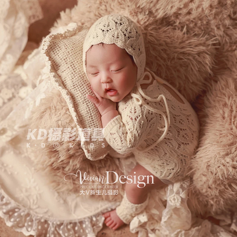 خمر الوليد التصوير الزي البيج محبوك الدانتيل رومبير + بونيه + الجوارب مجموعة ريترو ستايل الطفل صور الدعامة لحديثي الولادة اطلاق النار #4