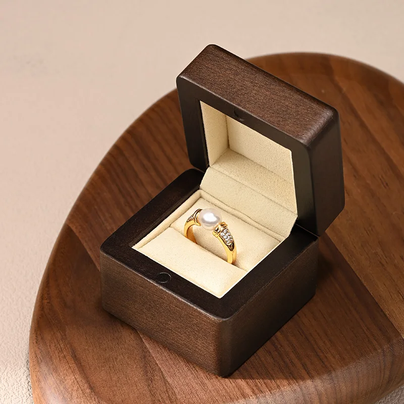 MISHITU Wooden Ring Box for Wedding Square Ring Holder Case Box Vintage Ring Bearer Box for Engagement Proposal Jewelry Gift Box