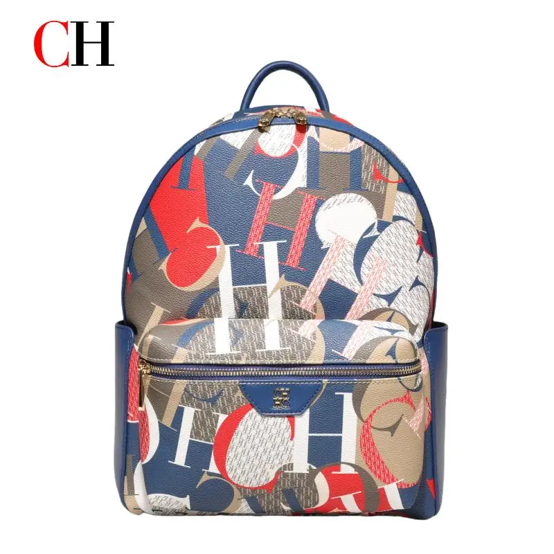 CH Luxury Women Backpack PU Leather Monogram Large Capacity Travel School Daily Fashion Designer Style Red Trim - view 2