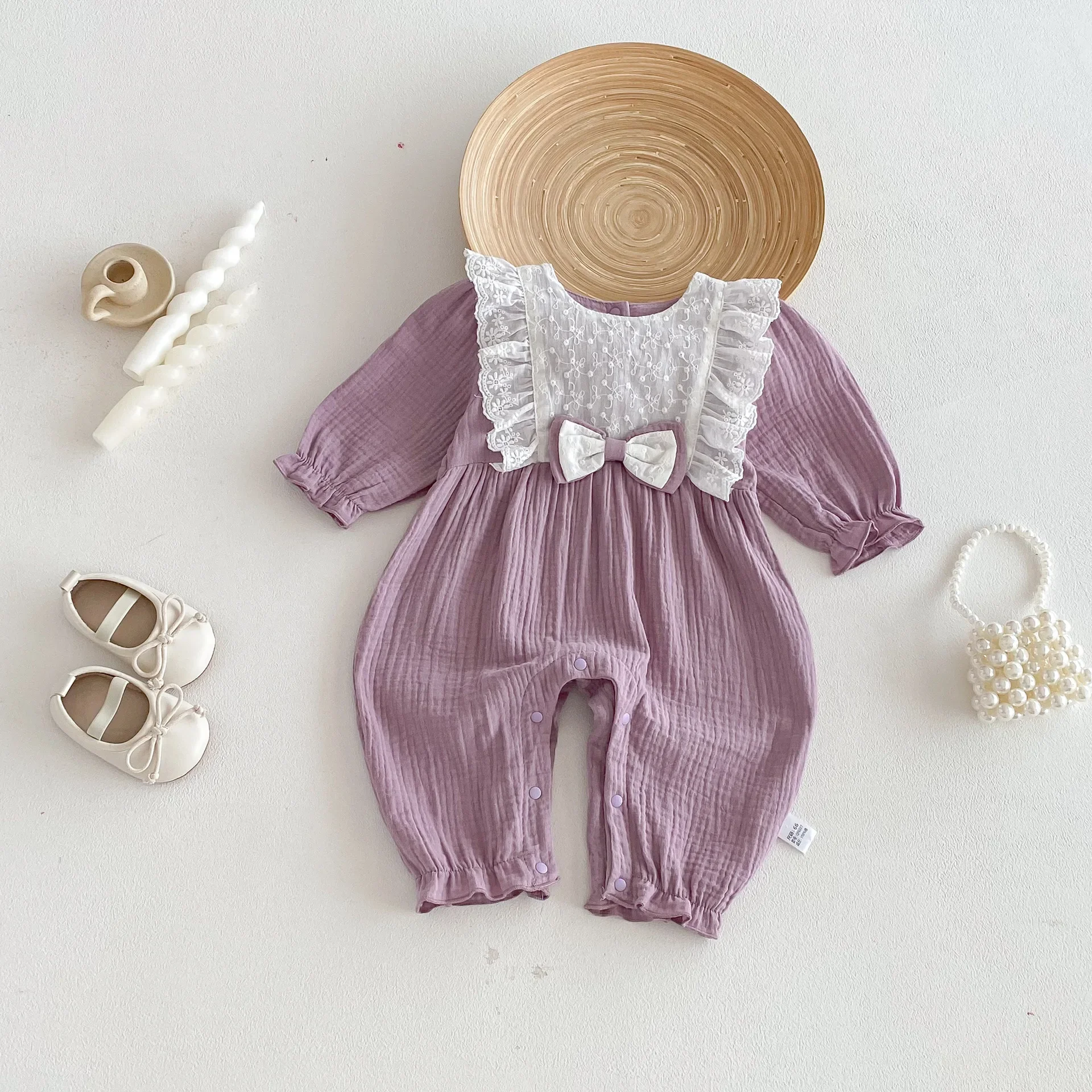 

2026 Spring Autumn Sweet Style Baby Girl Romper Long Sleeve Lace Bow Princess 0-2Y Baby Girls Jumpsuit Soft Newborn Photo Outfit