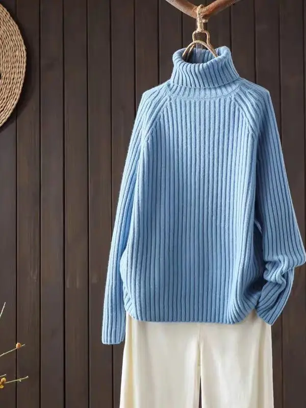 

Зимний утепленный вязаный свитер с высоким воротником 2025 года, повседневный свободный крой, женский топ из высококачественного полиэфирного волокна