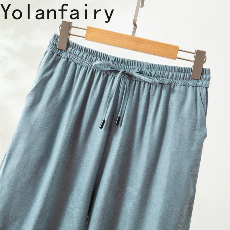 YOLANFAIRY 100% الحرير التوت الطبيعي بنطال ذو قصة أرجل واسعة امرأة فضفاضة عادية الضوء الأزرق السراويل مرونة الخصر بنطلون سراويل نسائية